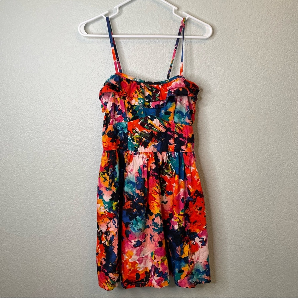 Charlotte Russe Bold Watercolor Spaghetti Strap Smocked Mini Dress | Medium